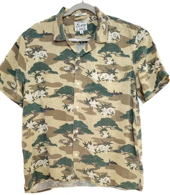 Lucky Brand Shirt Mens Large Tan Green Hawaiian Aloha Camp Slim Fit Short Sleeve - Image 1 of 4