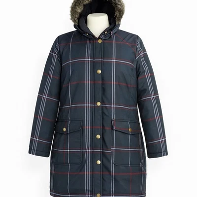 Abrigo Chaqueta Parka Tommy Hilfiger Para Mujer A Cuadros con Capucha XL Borde de Piel Sintética Preppy Y2K Foto 1 de 4