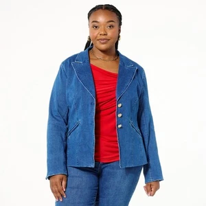 Iman Global Chic Denim Blazer Jacket Medium Indigo L New - Picture 1 of 2