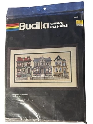 VTG Bucilla  Cross-Stitch Victorian Houses Iron Gates Kit 40035 -NEW-8x16 - Image 1 of 4
