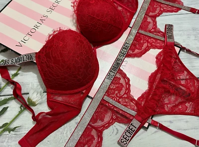 Victoria's Secret Shine Strap Bombshell Lace Push-Up Bra Thong Garter Set Red - Image 1 of 4