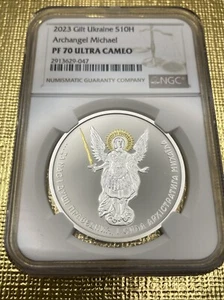 2023 Gilt Ukraine S10H Archangel Michael NGC PF 70 ULTRA CAMEO - Picture 1 of 4