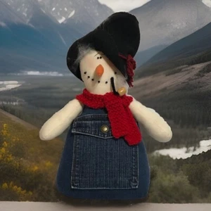 Vintage Handmade Fabric Snowman Denim Knit Scarf Stovepipe Hat Pipe - Picture 1 of 23