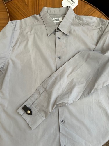 HERMÈS Camicia abito Hermes nuova con etichette 17 43 Made in France grigio pietra ~ linguette in pelle staccabili