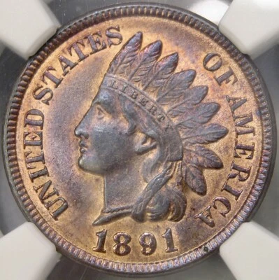 1891 INDIAN HEAD CENT/PENNY VERY RARE PLUS SLAB ULTRA LOW POP 3/6 NGC MS 65+ RB - Image 1 of 4