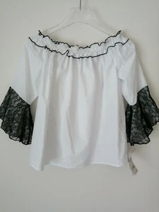 Zara White And Black Off The Shoulder Blouse With Lace Size S - Picture 1 of 11