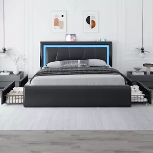 Full Queen Bed Frame with 4 Storage Drawers and Charging Station ＆ LED Lights - Picture 1 of 22