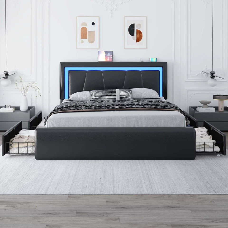 Armação de cama queen size completa com 4 gavetas de armazenamento e estação de carregamento e luzes LED - Imagem 1 de 4