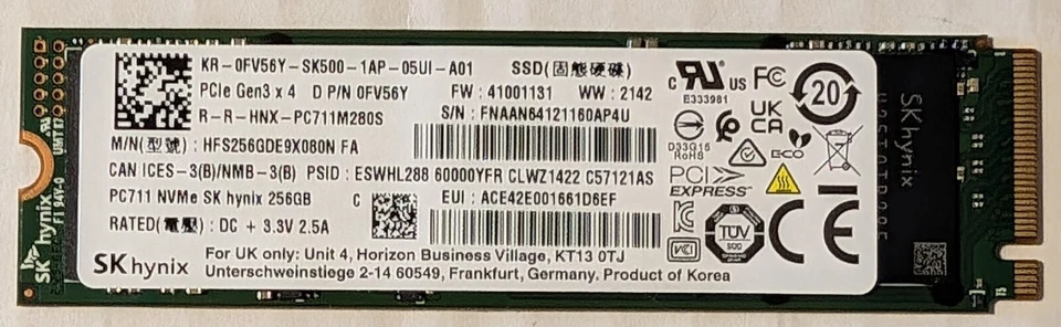 SK HYNIX 256GB M.2 2280 PCIE GEN3 PC711 NVME SSD HFS256GDE9X080N 0FV56Y - Image 1 of 1