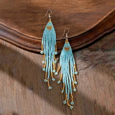 Boho Native American Light Baby Blue Seed Bead Beaded Earrings Fringe Tassel 5" - Image 1 of 4