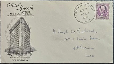 Hotel Lincoln Illustrated Advertising Indianapolis Indiana Duplex 1936 - Image 1 of 2