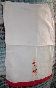 Vintage Baby Pillowcase Hand Stitched  Embroidery Floral Design with Red Border - Picture 1 of 8