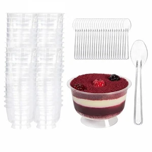Clear Durable Footed Dessert Cups with Spoons - 7oz Plastic Slanted Parfait a... - Picture 1 of 5
