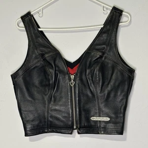 Harley Davidson Damen Medium echt schwarz Leder Reißverschluss Weste rot Distress - Bild 1 von 8