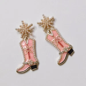 NEW Pink Cowgirl Boots Pearl Embellished Rhinestone Western Bling Glam Earrings - Picture 1 of 5