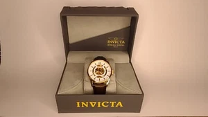 Invicta Automatic Skeleton Watch, Object d'Art, Gold Tone w/Brown Leather Band - Picture 1 of 15