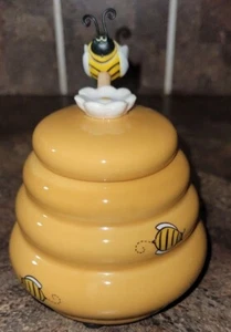 Yellow Ceramic Bee Hive Honey Jar With Cute Bumble Bee Honey Stick  - Picture 1 of 11