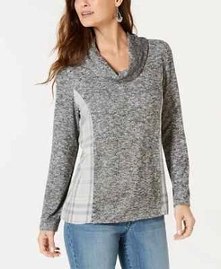 Style & Co Women's Cowl Neck Plaid-Back Top Grey Plaid Size L - Picture 1 of 2