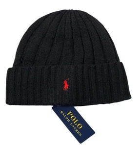 Polo Ralph Lauren Wool Blend Ribbed Cuff Knit Beanie Red Pony Black - Picture 1 of 4