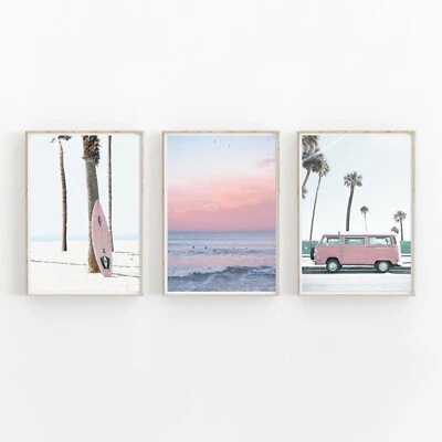 Set of 3 Pink Surfboard Van Beach & Ocean Poster Art Print. Great For any Wall - Image 1 of 4
