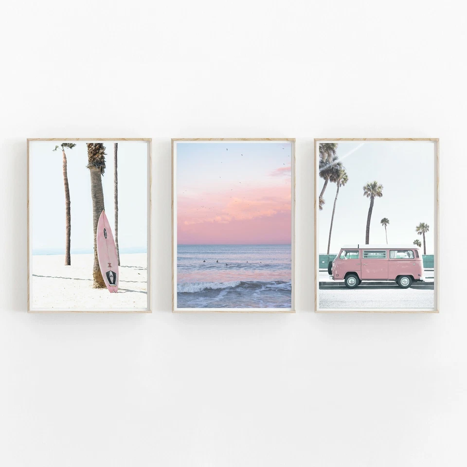 Juego de 3 tablas de surf rosa Van playa y océano póster impresión artística. Ideal para cualquier pared Foto 1 de 4