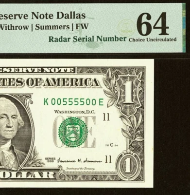 1999 $1 Federal Reserve Note PMG 6 rare fancy radar serial number 00555500 - Image 1 of 3