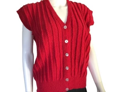 Vintage Red Sleeveless Cardigan Knit Tank Top 60s 70s, L - Image 1 of 4