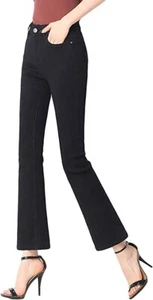 Women's Elegant High Waist Cropped Flare Jeans Wide Leg Denim Pants Black S - Picture 1 of 7