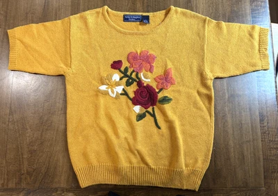 Suéter Amarillo Manga Corta Bordado Floral De Colección Norton McNaughton Petite M Foto 1 de 4