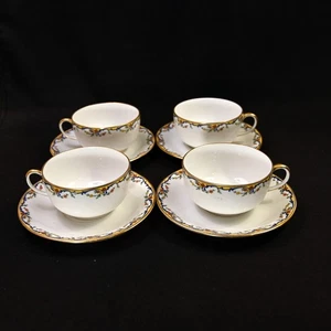 Limoges Vignaud 4 Cups & Saucers The Meuse Red Yellow Blue Gold 1911-1920 - Picture 1 of 24