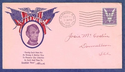 1941 WWII Abraham Lincoln patriotic cover Poppenger cachet - Image 1 of 2