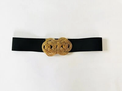 Ceinture élastique Boucle oversize bijou en métal doré tressé Vintage 1980s - Photo 1/4