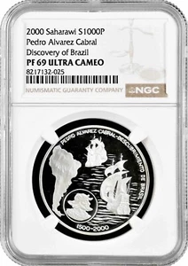 Western Sahara (Saharawi) 1000 pesetas 2000, NGC PF69 UC, "Discovery of Brazil" - Picture 1 of 2