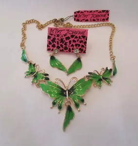 BETSEY JOHNSON GREEN BUTTERFLY WINGS CRYSTAL AND ENAMEL NECKLACE & EARRINGS - Picture 1 of 5