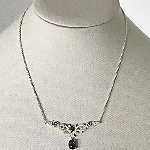 925 Silver Rhodium Amethyst CZ Victorian Style Necklace 9" - Picture 1 of 6