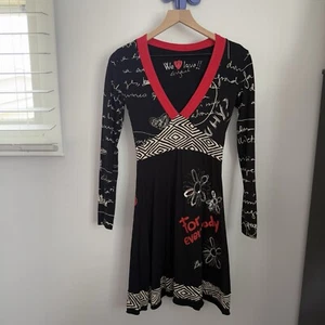 Desigual Small Black Red V Neck Long Sleeve Mini Dress Abstract Floral Print - Picture 1 of 12