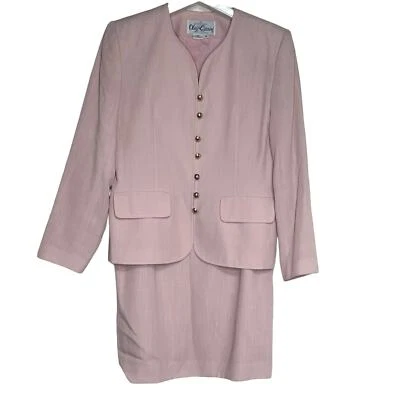 Oleg Cassini Vintage pink collarless blazer + gold buttons & skirt suit size 12 - Image 1 of 4