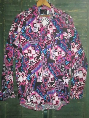 FRONTIER SERIES Vtg 90s aztec Crazy Print Cowboy Western Shirt southwestern S/M - Image 1 of 4