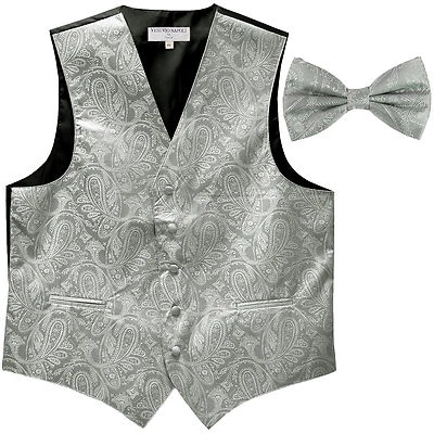 New men's formal vest tuxedo waistcoat pre tied bowtie paisley Silver 5XL 6XL - Image 1 of 3