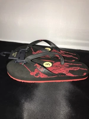 NEW Ralph Lauren Black and Red Logo Flip Flops Big Boys Size 2, 3, 4 NWT - Image 1 of 4
