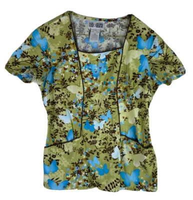 Cherokee Womens XS Stretch Cotton Blend Green Brown Butterfly Print Scrub Top - Image 1 of 4