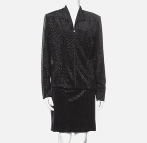 Vintage Alberto Makali Black Velour Palette Womens Jacket Skirt Suit Set 12 USA - Picture 1 of 20
