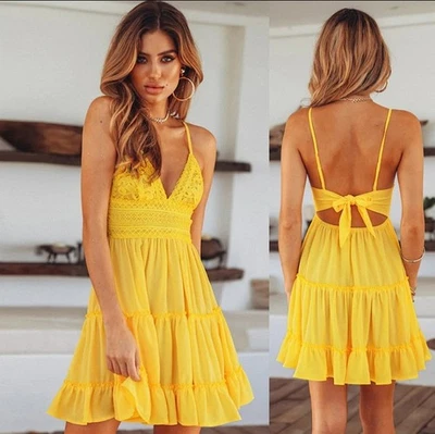 Mini vestido de verão feminino boho decote em V renda feminino casual verão praia, muito fofo - Imagem 1 de 4