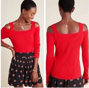 Anthropologie Jamie Open Shoulder Womens Size S Red Stretchy Ribbed Sweater - Picture 1 of 5