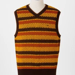 Gelbe Strickpullover Weste Herren klein braun orange gestreift geometrisch Pullover - Bild 1 von 10
