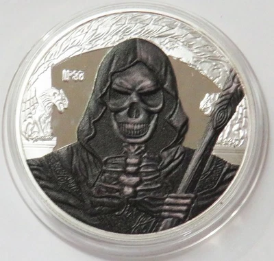 GRIM REAPER SILVER 1 OZ 999 FINE SILVER ART ROUND IN CAPSULE - Image 1 of 2