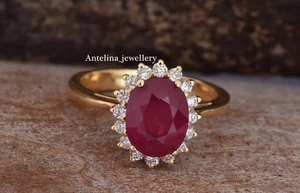 3.30Ct Natural Ruby & Lab Grown Diamond Ring 14KSolid Yellow Gold With Certified - Picture 1 of 9