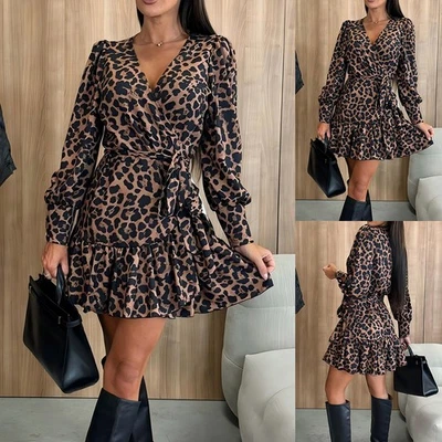 Damen Partykleid Minikleid A-Linie V-Ausschnitt Langarm Leopard Freizeitkleid DE - Bild 1 von 4