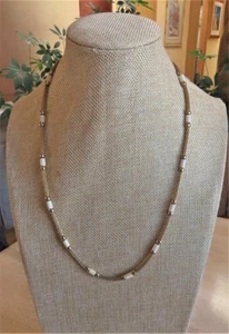 Hobe necklace; woven goldtone barrel chain; station beads; mid-century; 24 in. - Picture 1 of 9