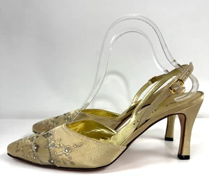 ST JOHN Gold Peau de Soie Embroidered Slingback Heels Size 8.5 Italy - Picture 1 of 7